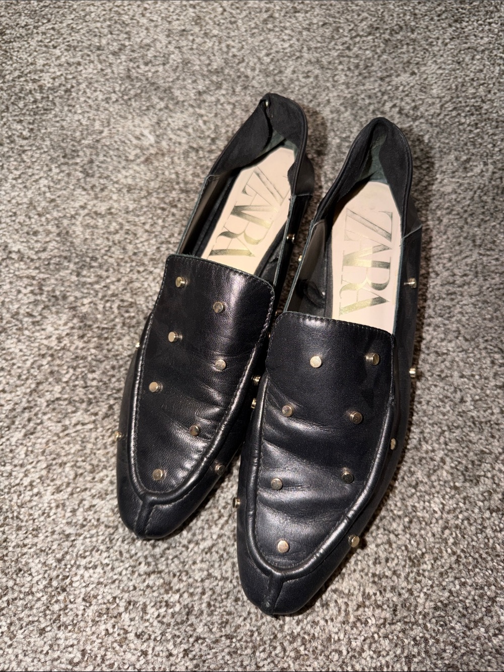 Zara Black Leather Studded Slip-On Loafers